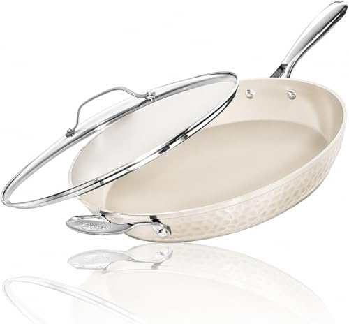 GOTHAM STEEL 14 Inch Non Stick Frying Pans with Lid, Large Frying Pans Nonstick with Lid, Non Toxic Ceramic Pan Skillet, Nonstick Frying Pan, Induction Pan, Oven/Dishwasher Safe – Cream Hammered