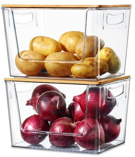 Heyuzb 2 Set Stackable Storage Bins with Bamboo Top - Pantry, Kitchen Counter Organizer Basket for Fruit, Produce, Vegetable (Onion, Potato)