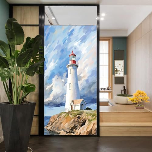 Fensterfolie, Retro-Stil, weißer Leuchtturm, Buntglas, abstrakt, Aquarell, Küstenstil, Sichtschutz, Fensterfolie, nicht klebende Glasfolie, dekorative statische Frischhaltefolie für Zuhause, Büro, 80