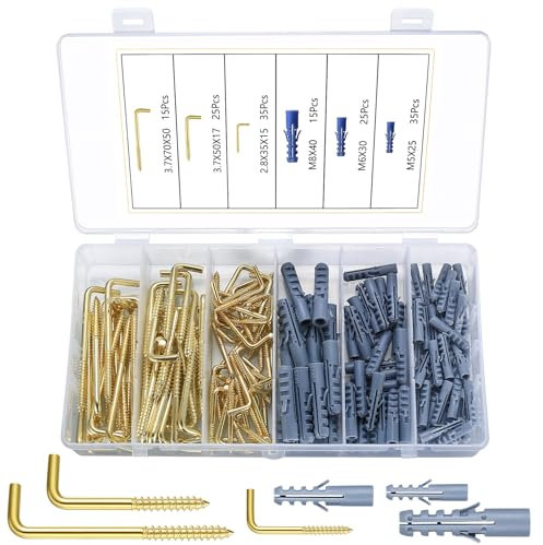 SYBDXJ Ganci a Vite per Legno, Ganci Avvitabili a Forma di L, Occhielli a Vite, Viti a Gancio Autofilettanti, Ganci a Soffitto L in Acciaio Inox per Appendere Piante (75 Ganci, 75 Ancore) - Oro