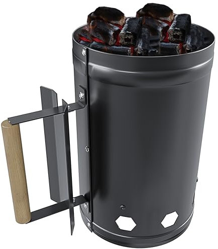 Ciminiera Starter Accenditore per Barbecue BBQ A Carbone Capienza 1,5 kg con Impugnatura in Legno Antiscivolo Colore Nero Accendi Carbonella Bricchetti Diametro 17 Cm E Altezza 27 Cm