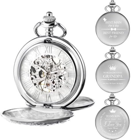 TREEWETO Herren Taschenuhr Personalisiert Gravur Taschenuhr mit Kette Klassische Jahrgang Mechanische Geschenke Geschenk zum Hochzeit Trauzeugen Bräutigam Bester Mann, Schwarzk, Silber