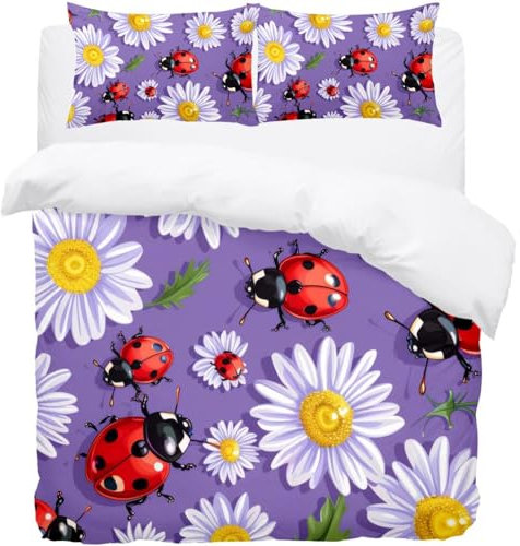 Luoweisi Ladybugs Daisies Queen-Bettbezug-Set, Bettbezug und Kissen, Mikrofaser, für Mädchen, Jungen, Herren, Damen