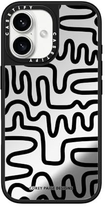 CASETiFY Mirror iPhone 16 Case [Reflective / 4.9 ft. 1X Military Grade Drop Protection/Compatible with Magsafe] - Black Line Art - Silver on Black