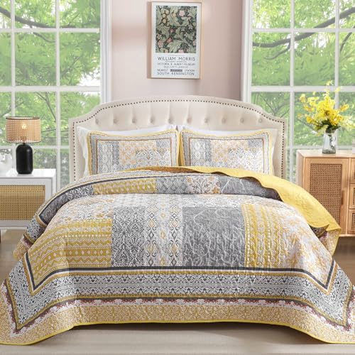 WONGS Bedding Bohemian-Patchwork Tagesdecke & Überwurf-Set für Queen-Size-Betten, Gelb, Geblümt, 3 Teile, Polyester, Böhmisch, Maschinenwäsche, 400 TC
