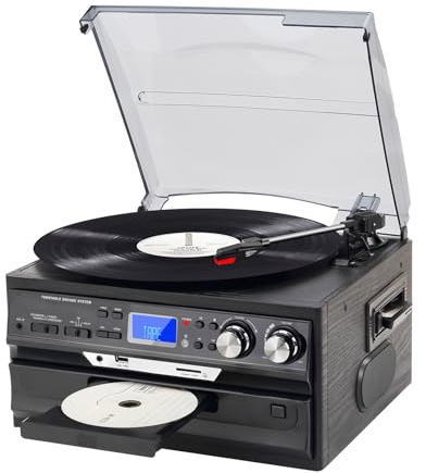 GOLDSHIP Tocadiscos de vinilo 9 en 1 de 3 velocidades con Bluetooth vintage tocadiscos de CD/cassette/radio AM/FM/USB/SD/entrada auxiliar/salida de línea RCA
