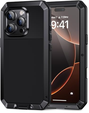 Lanhiem for iPhone 16 Pro Max Metal Case, Heavy Duty Shockproof Tough Rugged Case with Built-in Glass Screen Protector, 360 Full Body DustProof Protective Cover for iPhone 16 Pro Max 6.9, Black