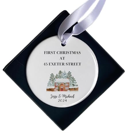 Personalised First Christmas In New Home Ornament, 1st Xmas Tree Decoration, Housewarming Gift for Friends, Family, Ceramic Bauble with Box