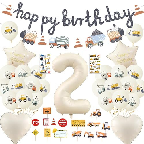 Bagger Geburtstag Deko 2 Jahre Junge - Baustelle Luftballons und Happy Birthday Girlande Auto Tortendeko, Baufahrzeug Geburtstagsdeko für Kindergeburtstag Party Dekoration