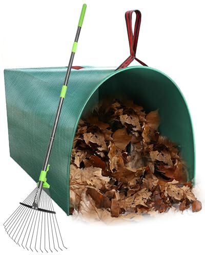 Joyhalo 160 cm Rechen für Blätter mit 40 Gallonen Kehrschaufel-Typ Laubsäcken, verstellbare 18 Zinken Metall Laubbesen Set für Gartenarbeit Rasen Hof Outdoor Camping Strauch Gras Busch Grasschnitt