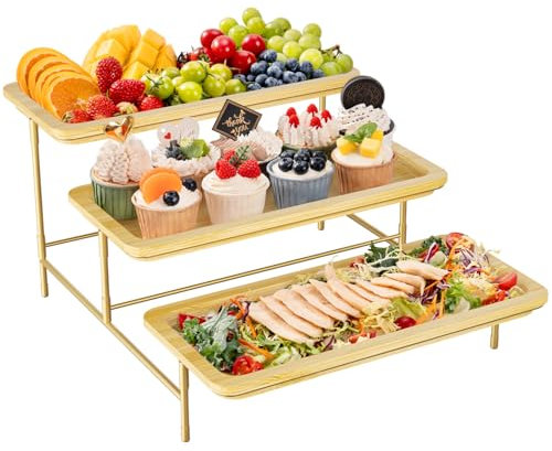 Lifewit 3 Tiered Serving Platter, 14 Inch Bamboo Trays for Food Serving, Reusable Snack Tray with Removable Metal Stand, Display Stand for Fruit, Cookies, Dessert,Cake, Natural and Golden