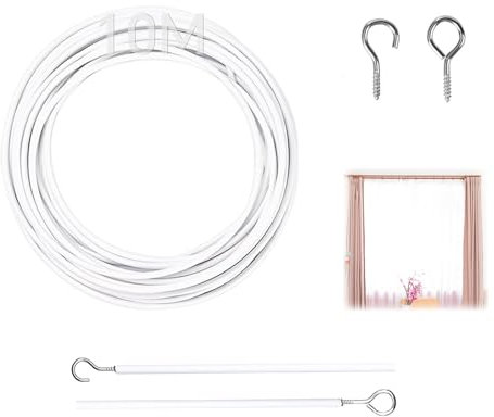 svpfuo 10M Gardinenseil, Gardinen Seilsystem, Gardinenseilsystem Spannsystem Mit 25 Haken und 25 Schraubösen, es Eignet Sich zum Aufhängen von Vorhängen, Duschvorhängen, DIY-Vorhängen