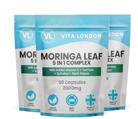 Moringa Leaf Capsules 2000mg | Added Vitamin C + Turmeric + Spirulina + Black Pepper | High Strength Supplements for Men & Women | 180 Vegan Capsules (Not Powder, Tablets of Gummies)