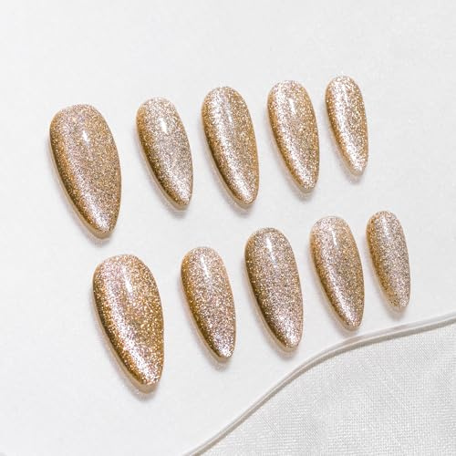 Sun&Beam Nails Handmade Press-On Nails Medium Almond Gold (#266 M) | 10-piece handmade set in gold glitter with subtle shimmer and a clean full-coverage finish