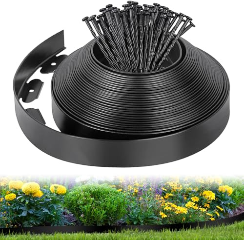 Bordure de Pelouse Flexible 10M x 5cm, Clôture de Jardin en Plastique avec 50 Piquets, Bordure de Délimitation pour Pelouse, Parterre, Allée de Patio, Noir