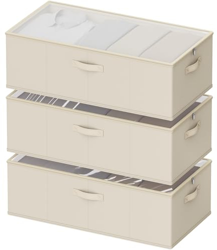 Chizjox 10inch 3 Pack Under Bed Storage Containers, 10 Inch Tall Underbed Clothes Storage Organizer Bin with Clear Window，Foldable Box Basket for Clothes, Closet, Bed Sheets and Blankets Beige