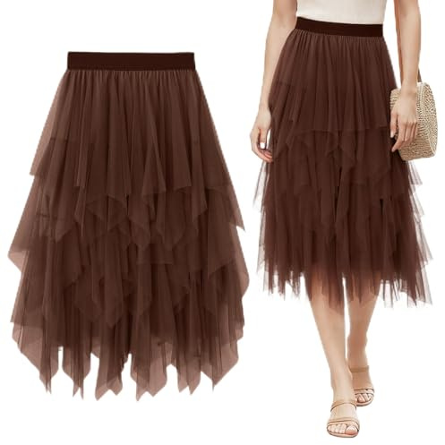 Keyck Damen Tüllrock Elastisch Unregelmäßig Tüll Rock High Waisted Mesh Faltenrock Karneval Kostüm Elegante A Linie Midirock Tutu Mehrschichtig mit Gefüttert für Fasching Party Halloween, Braun