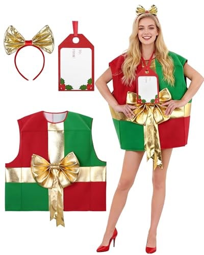 SOLOYEE Weihnachtskostüme für Damen Herren Cosplay mit Schleife Gratis-Geschenkkarte Zubehör Kostümparty