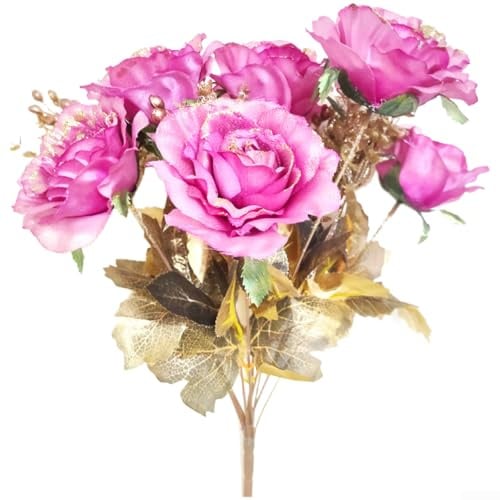 Künstlicher Rosenstrauß, 13 Köpfe, 51 cm, europäische Vintage-Glitzer-Seidenblumen für Hochzeit, Heimdekoration, goldfarbene Pailletten, Retro-Arrangement (lila)