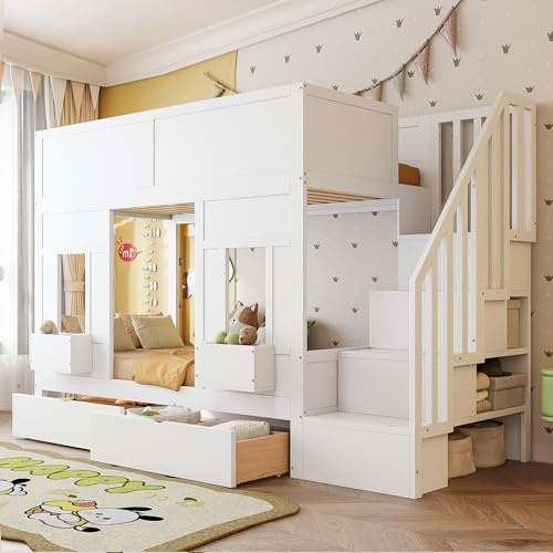FammyLoft Hochbett Kinder 90x200 mit Stauraumtreppe, Etagenbett mit Schubladen und Fenster, Stockbett für Geschwister, Stauraumbett, Jugendbett, Kinderhochbett, Ohne Matratze, Weiß