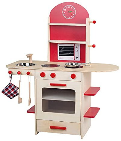 roba Spielküche, Holzküche natur, rot, Kinderspielküche mit Herd, Spüle, Wasserhahn & Regal