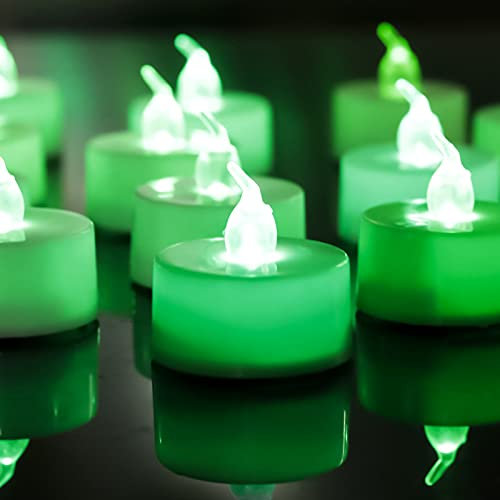 LANKER 24 Pack LED Tea Lights Candles, Flickering Green Flameless Tealights, Long Lasting Battery Operated Fake Candles, Decoration for Halloween and Christmas (Green - 24pcs)