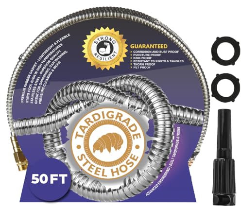 Tardigrade Steel Hose Metal Garden Hose - Stainless Steel - Dog Chew Crush Proof, Flexible, Heavy Duty Aluminum, No Kink, Lightweight Lawn Water Hoses, Durable and Easy to Store, 50Ft