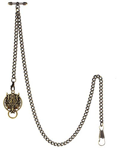 TREEWETO Taschenuhrkette mit T Bar Endstück Albert T-Bar Taschenuhr Kette mit Antiker Wolf-Anhänger und 2 Haken für Weste Knopfloch Bronze