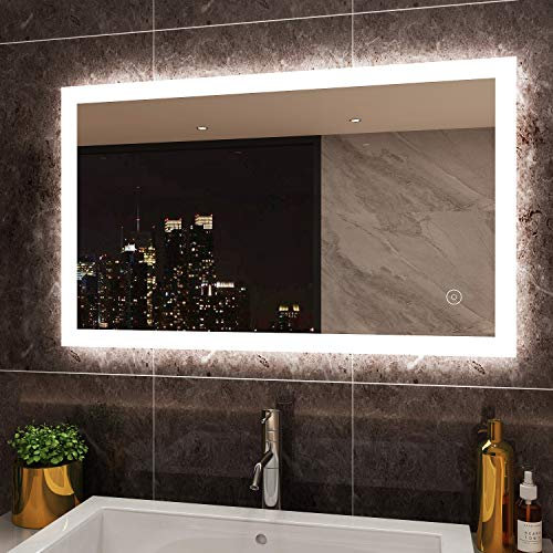 SIRHONA Miroir de Salle de Bain avec Éclairage, 100x60cm Miroir de Salle de Bain Mural à Commande Tactile, 3 Températures de Couleur, Dimmable, Anti-buée, Fonction mémoire
