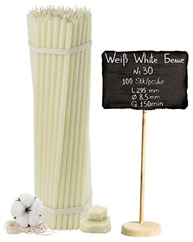 №30-100 Stk. Weiße Bienenwachskerzen-Kollektion: Traditionelle Stab- und Haushaltskerzen, Ritualkerzen sowie farbige Wachskerzen ein Set für Rituale L-29,5 cm Ø-8,5 mm, 150 Min Brenndaue