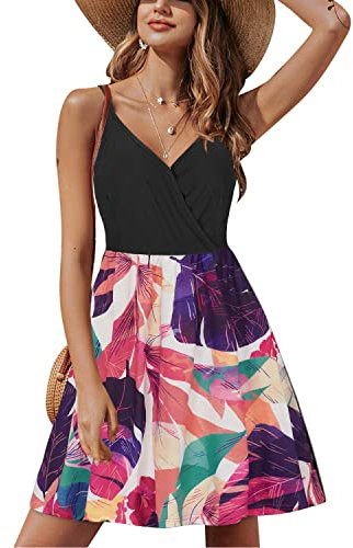 STYLEWORD Women's V Neck Floral Spaghetti Strap Summer Dress Patchwork Casual Sundress with Pockets(Floral26,Medium)