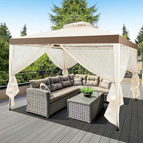 RELAX4LIFE Gazebo da Giardino 3x3M, Gazebo da Esterno con 4 Tendine Laterali, Struttura in Acciaio, Zanzariera Chiudibile e Rimovibile, per Cortile, Prato e Giardino (3x3x2,65M, Beige)