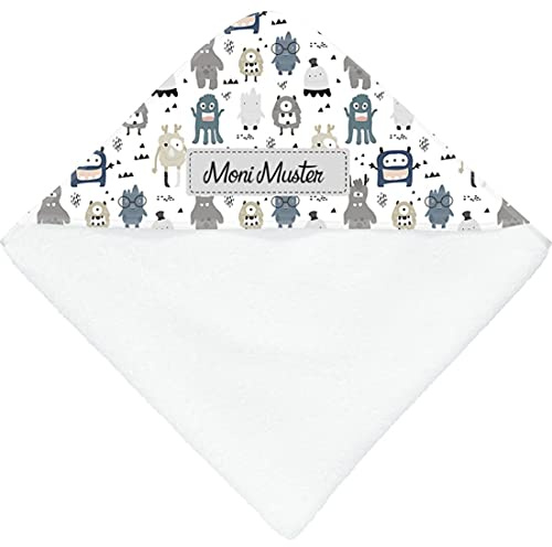 Manutextur Kapuzenbadetuch mit Namen - personalisiert - Motiv Monster grau - viele Motive - Kapuzenbadetuch- weiß - Größe 100x100 cm - persönliches Geschenk mit Wunsch-Motiv und Wunsch-Name