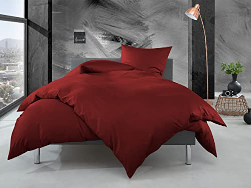 Bettwaesche-mit-Stil Mako Perkal Bettwäsche Uni einfarbig rot (Garnitur 200x200 + 2X 80x80 cm)