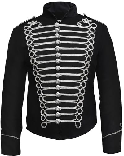 Pamposh Steampunk Hussar Napoleon Military Drummer Parade Jacket (S, Black & Silver)