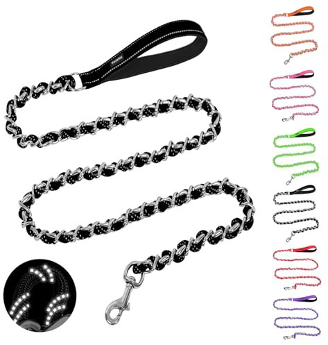 Homimp Correa de cadena para perros medianos y grandes, correas reflectantes de metal resistentes de 6 pies a prueba de masticación con mango acolchado suave, correas de cuerda duradera antimordeduras