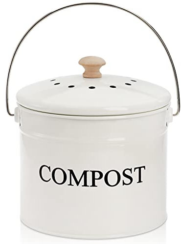 AVLA Compost Bin Kitchen Countertop, 1 Gallon Composter Pail, Food Waste Composting Bucket, Odorless Trash Keeper Container, White Scraps Caddy with Charcoal Filter, Carrying Handle, Lid
