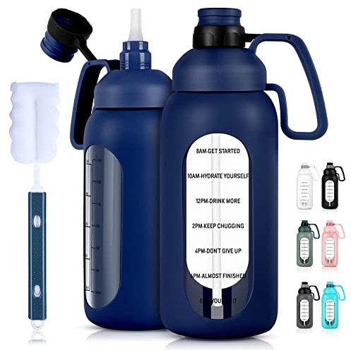 Aqulea Wasserflasche aus Glas mit Strohhalm, 1,8 l Fassungsvermögen, 2 l, BPA-frei, große motivierende Zeit, isolierte Wasserflasche mit Griff und Hülle