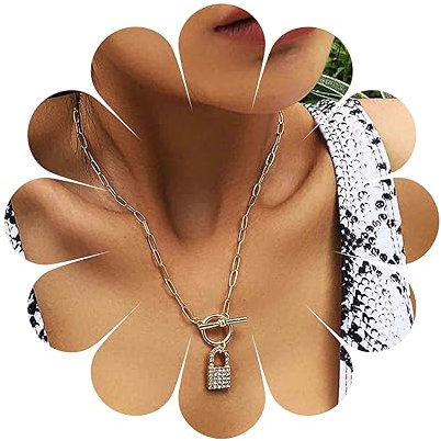 Yheakne Boho Strass Schloss Anhänger Halskette Gold Büroklammer Kette Choker Halskette Cz Gepflastert Vorhängeschloss Halskette Kreis T Bar Toggle Halskette Kettenschmuck Für Frauen Und Mädchen (gold)