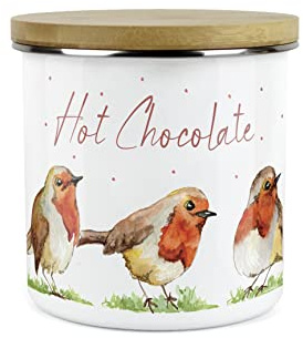 Purely Home English Robins Hot Chocolate Canister - White Metal Enamel Kitchen Food Storage Container