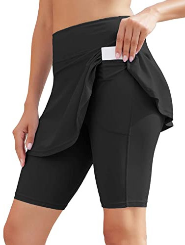 WOWENY Maillot de Bain pour Femme Jupe de Bain Femmes Bikini Shorts De Bain Jupette Elégant contrôle du Ventre, Bas de Maillot avec Poches 1-Noir L