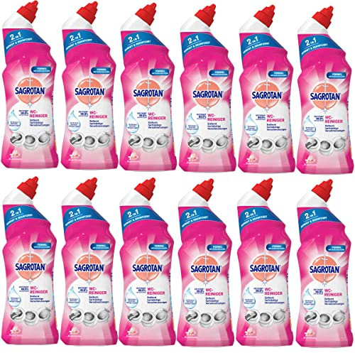 Sagrotan WC-Reiniger Blütenfrische – 2in1 Reinigungsmittel mit Antischmutzfilm für langanhaltende WC-Frische – 12 x 750 ml