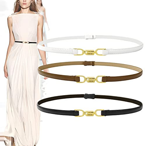 Taillengürtel Schmaler Gürtel für Damen Leder Taillienguertel Verstellbarer Dünner Ledergürtel mit metallschnalle Belt Women Ziergürtel für Kleid (3 Stück Schwarz Weiß Braun)