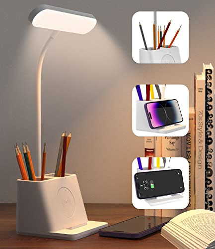Jissta Lampe de Bureau LED, Dimmable avec Porte-téléphone Portable, 3 Modes et Plusieurs niveaux de luminosité Lampe de Bureau Enfant, Lampe de Chevet Tactile, Blanche