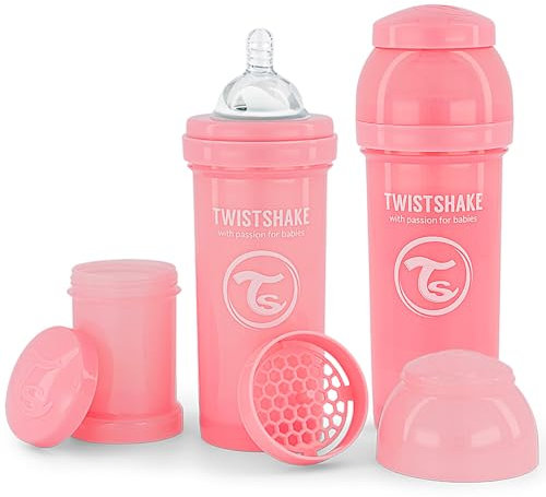 Twistshake Biberons Anti-Coliques Avec Récipient Pour Lait En Poudre Et Mélangeur - 2x 260ml | Tétine En Silicone À Débit Moyen | Biberon Sans BPA | 2+ Mois | Rose