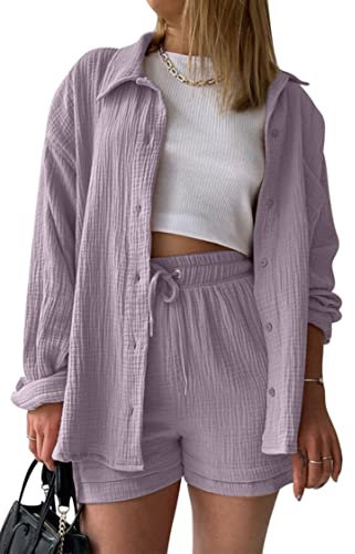 VEVESMUNDO Damen Sommer Musselin Bluse Hemd und Shorts Zweiteiler Set Baumwolle Strand Outfit Set Gr.36 38 40 42 44(Lila,S)