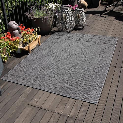 Carpettex Outdoor Teppich Wetterfest 120 x 170 cm Sisaloptik Grau - Ideal für Balkon, Garten, Terrasse, Camping und als Küchenteppich - Waschbarer Teppich, Berber Design, Flachgewebe