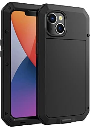 Amulent Case For iPhone 14 Metal Case Black Heavy Duty High Impact Shockproof Gorilla Cover Tough Protective Armor Defender Comfortable and Durable Mobile Phone Cover For iPhone 14