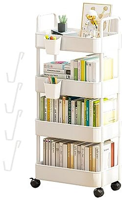 Eteslot libreria con Ruote - Carrello Porta Libri - libreria Mobile con Ruote - libreria con Ruote per Libri - libreria per Libri di Scuola - Carrello di Servizio Girevole a 3/4 Livelli