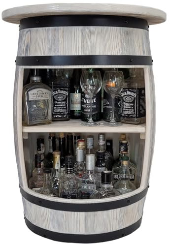 Wooden Barrel with Lid, White Bar, Brushed Wood, Wine Real - Table with Bottle Holders - Bottle Holder Home Bar - Gift for a Man - Wine Rack, Home Bar, Handmade Vintage